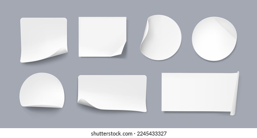 White glued  stickers with curled corners mock up set. Blank white adhesive paper or plastic sticker label with wrinkled and creased effect. Template label tags close up. 3d realistic vector