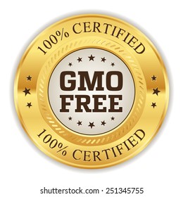 White gmo free badge with gold border on white background