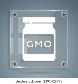 White GMO icon isolated on grey background. Genetically modified organism acronym. Dna food modification. Square glass panels. Vector