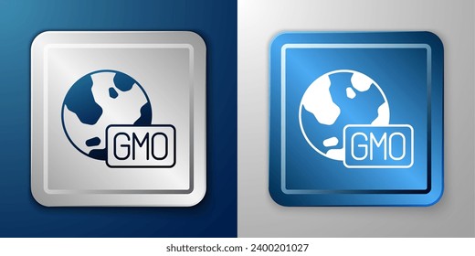 White GMO icon isolated on blue and grey background. Genetically modified organism acronym. Dna food modification. Silver and blue square button. Vector