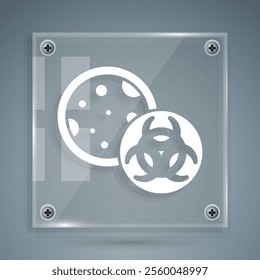 White GMO icon isolated on grey background. Genetically modified organism acronym. Dna food modification. Square glass panels. Vector