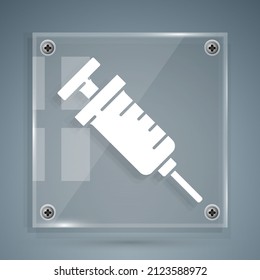 White GMO syringe icon isolated on grey background. Genetically modified organism acronym. Dna food modification. Square glass panels. Vector