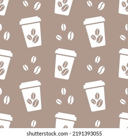 White to go coffee cups and coffee beans on soft brown background vector seamless pattern. Best for textile, cafe decor, wallpapers, wrapping paper, package and web design.