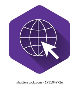 White Go To Web icon isolated with long shadow. Globe and cursor. Website pictogram. World wide web symbol. Purple hexagon button. Vector Illustration