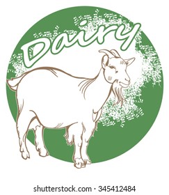 White goat with bell and package of milk label in red style