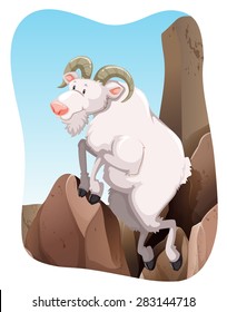 White goat climbing up a mountain	