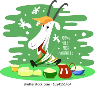 White goat head with jug of milk, cheese, sour cream, yogurt, cottage cheese. Cartoon characer, vector flat design, concept of fresh farm dairy products 