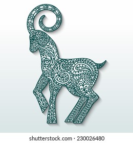 White goat of patterned paper on green silhouette - a symbol of new 2015. Stylization. Vector illustration.