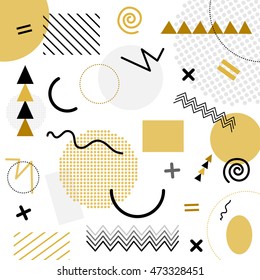 White and gold abstract geometric chaotic pattern. Memphis style. Use for fashion, cards, posters, presentations, web design etc. Vector illustration