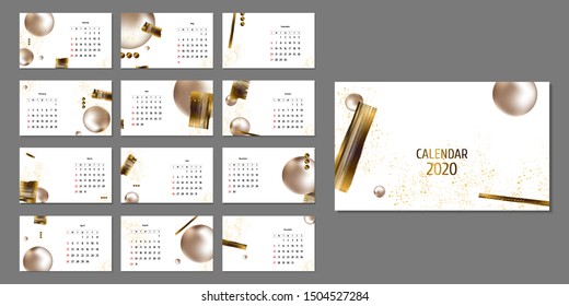 White and gold background Calendar 2020 abstraction liquid style. Printable creative template with abstract elements and gradients