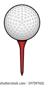 A white gold ball on a red tee.