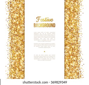 White and Gold Banner or Greeting Card. Golden Dust. Vector illustration. Sequins Pattern, Lights and Sparkles. Glowing Holiday Festive Poster, Gift Voucher