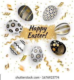 White Gold Black Easter eggs and gold serpentine on white background. Vector realistic illustration. Serpantine pieces isolated and eggs. Place for text in center.