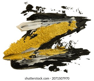 White, gold and black oil brush stroke zig zag Z letter shape. Hand drawn abstract varnish splash trace shape. Glossy hand drawn oil paint smear on white background. EPS10 vector illustration.