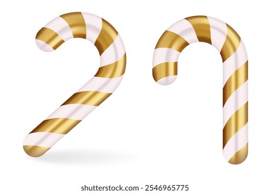 White and gold candy cane illustration. Elegant striped design with a luxurious appearance, perfect for Christmas decorations and sophisticated holiday themes.