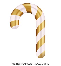 White and gold candy cane illustration. Elegant striped design with a luxurious appearance, perfect for Christmas decorations and sophisticated holiday themes.