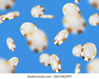 White gold casino chips falling seamless pattern isolated on blue background in different positions. Poker endless texture with falling golden defocused blur elements