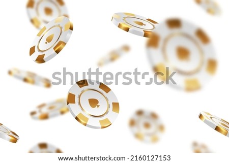 White gold casino chips falling seamless background isolated on white in different positions. Poker endless texture with falling golden defocused blur elements