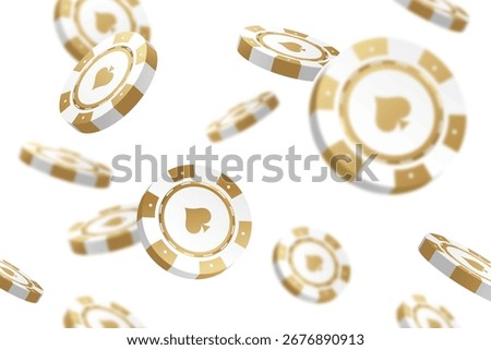 White gold casino chips falling seamless background isolated on white in different positions. Poker endless texture with falling golden defocused blur elements, vector 10 eps.