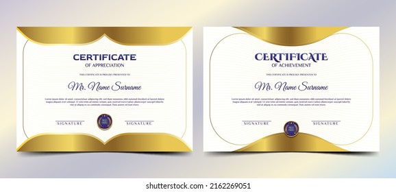 White and gold certificate of achievement border template with luxury badge and line pattern