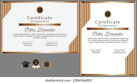 White and gold certificate of achievement border template with luxury badge and modern line pattern. For award, business, and education needs. This black and gold Business award certificate, education