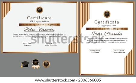 White and gold certificate of achievement border template with luxury badge and modern line pattern. For award, business, and education needs. This black and gold Business award certificate, education