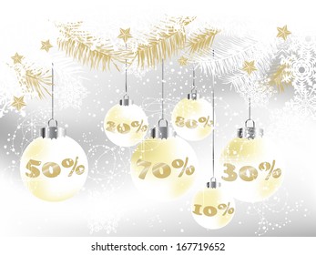 White and gold Christmas background with balls and snowflakes