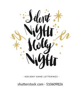 White and Gold Christmas Calligraphy phrases, Silent night Holly night, Hand lettered Holiday Quote, Handwritten Brush Lettering, Hand drawn design elements