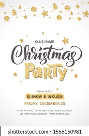 White and gold Christmas party poster template. Holiday flyer design, club invitation. Sparkling glitter decoration, garland. Christmas party lettering. Free font Open Sans for text. Vector
