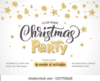 White and gold Christmas party poster template. Holiday flyer design, club invitation. Sparkling glitter decoration, garland. Christmas party lettering. Free font Open Sans for text. Vector