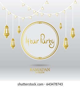 White and Gold Circle Iftar Party with Gold Lamps Decorations Vector Design. Ramadan Mubarak. 