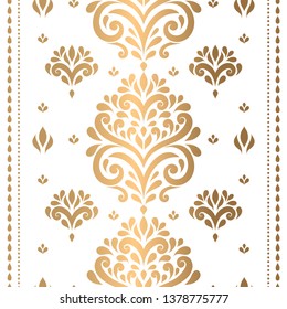 White and gold floral seamless pattern with ornamental stripes. Traditional oriental motifs. Vintage ornament template. Decorative paisley elements. Great for fabric and textile.