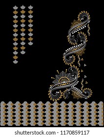 White, gold and flower patterned embroidery design on black background. Vector illustration.