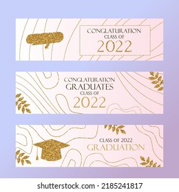 White with gold glitter Graduation party invitation 2022 elegant banners set.