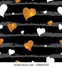  White and gold glitter texture hearts seamless pattern. Vector Illustration.