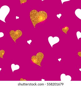  White and gold glitter texture hearts seamless pattern. Vector Illustration.
