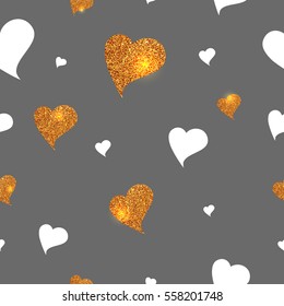  White and gold glitter texture hearts seamless pattern. Vector Illustration.