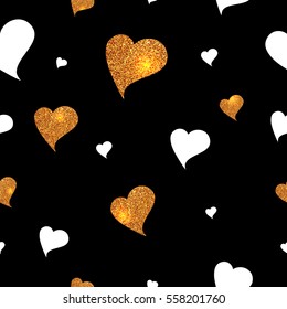  White and gold glitter texture hearts seamless pattern. Vector Illustration.