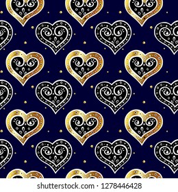 white and gold hearts on a blue background. seamless patterns. Vector illustration