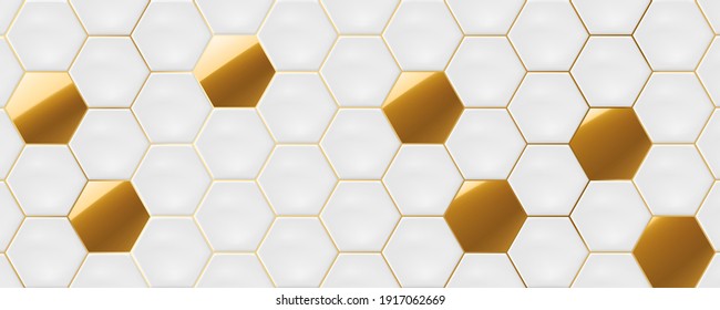 White And Gold Hexagon Ceramic Tiles. Modern Seamless Pattern, White And Gold Colored Hexagon Ceramic Tiles. 