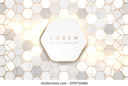 Fondo hexagonal blanco y dorado con marco