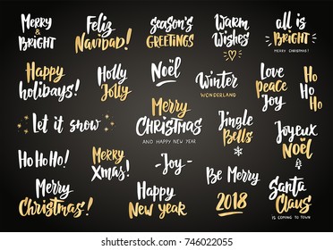 White and gold holiday greeting quotes and wishes. Hand drawn text, brush lettering. Merry Christmas, Happy New year, Happy Holidays. For cards, gift tags and labels, photo overlays, party posters.