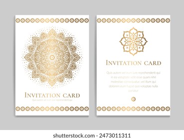 White and gold invitation card design with vector mandala pattern. Vintage ornament template. Can be used for background and wallpaper. Elegant and classic vector elements great for decoration.