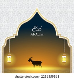white and gold islamic background with lantern and sheep. vector illustration
