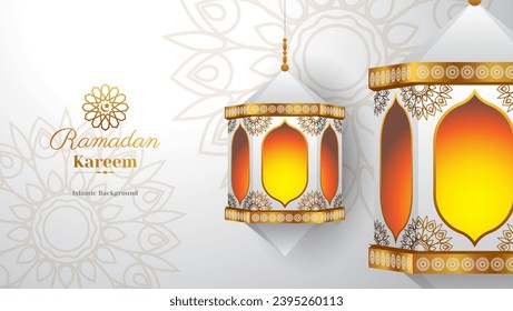 fondo islámico blanco y dorado con decoración de linterna y mandala para ramadan kareem, eid al-fitr, eid al-adha, etc.