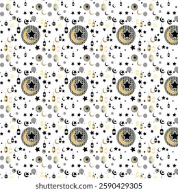  White and gold Islamic pattern with small crescents, stars, and lanterns for Ramadan.