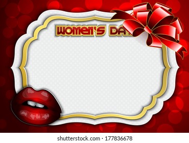 White and gold label with red lips and a red bow on the abstract background