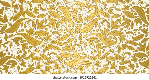Las hojas de blanco y oro siguen un patrón sin fisuras. Plantilla de ornamento vectorial vintage. Elementos Paisley. Excelente para tela, invitación, fondo, fondo de pantalla, decoración, embalaje o cualquier idea deseada.