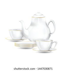 white with gold line cups saucers and teapot. Tea  or coffee set on white background. Vector illustration.