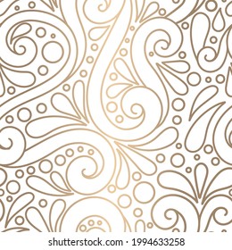 Patrón transparente abstracto lineal blanco y dorado. Plantilla de ornamento vectorial vintage. Elementos Paisley. Excelente para tela, invitación, fondo, fondo de pantalla, decoración, embalaje o cualquier idea deseada.